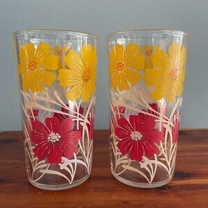 Vintage Red Yellow White Floral Juice Glass Set of 2 4.5 inch Tall
